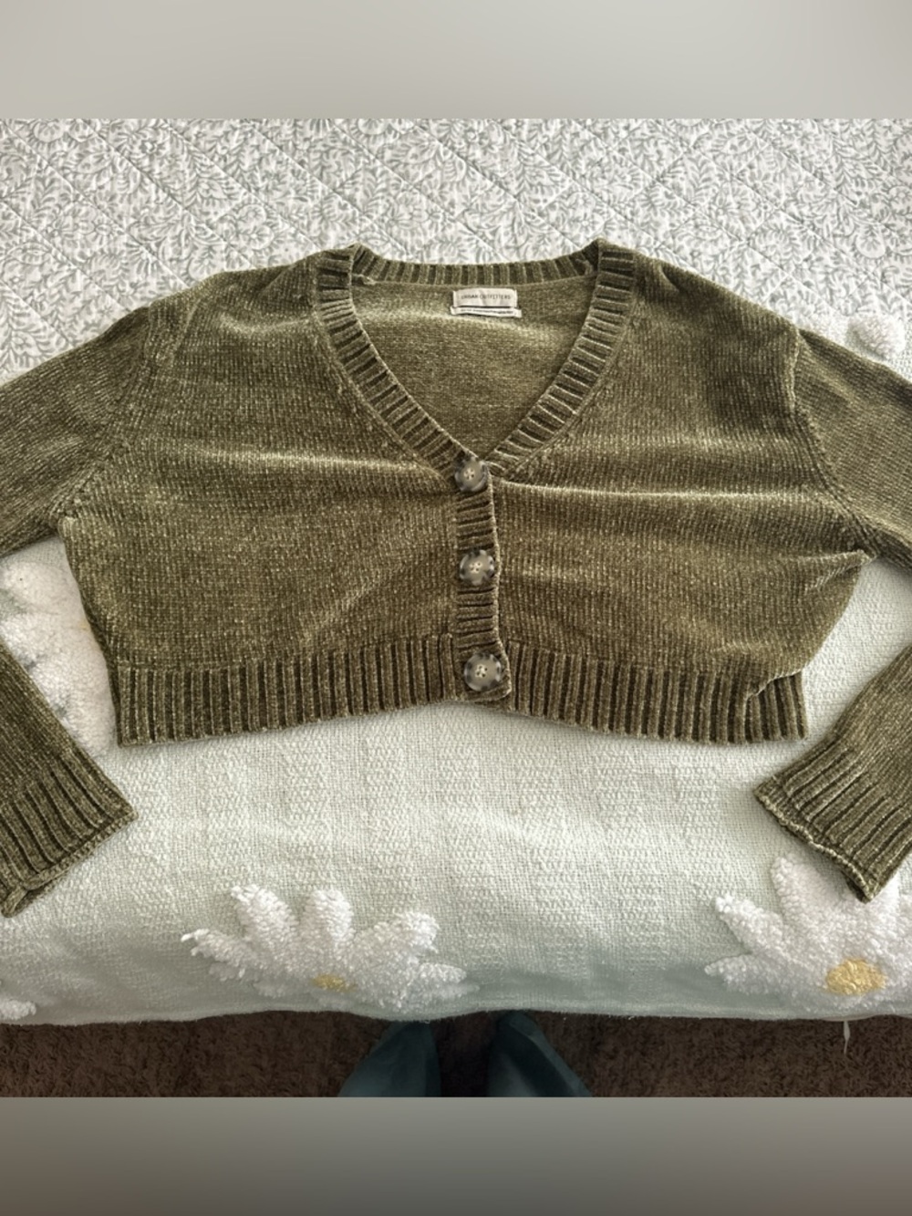 Urban Outfitters Olive Cropped V-Neck Button-Up Sweater
